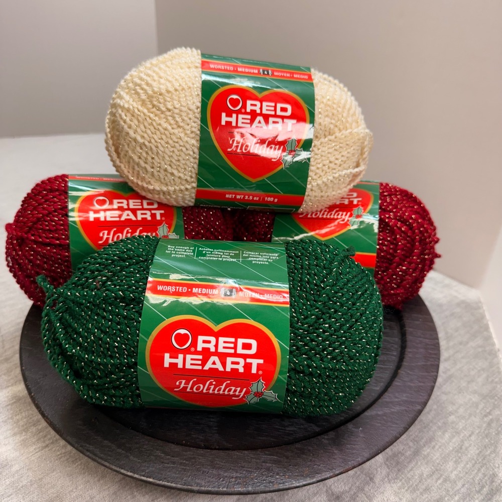 Red Heart Holiday Yarn Lot 4 Skein Wine Hunter Aran Gold Metallic Worsted 4 Med